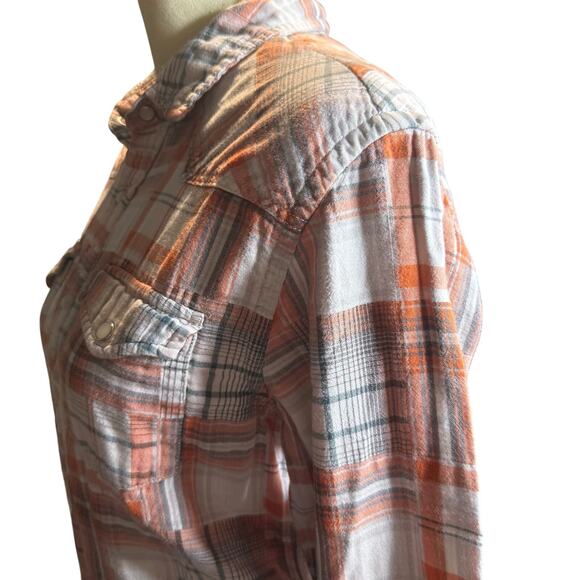 Guess Western Slim Fit Plaid Shirt, Orange and Gray Pearl Snaps, Women's Small - Picture 6 of 8